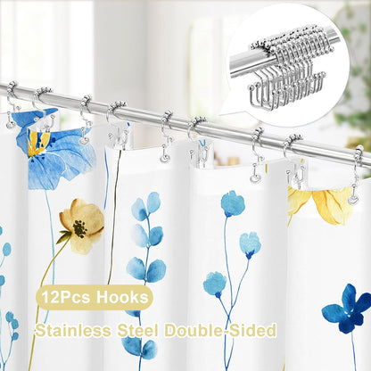 Gibelle Extra Long 3 in 1 Shower Curtain Set, Blue Yellow Watercolor Floral Bath Curtain and PEVA Liner Set with 12 Double Sided Steel Hooks, Waterproof Fabric Bathroom Curtain 72x84