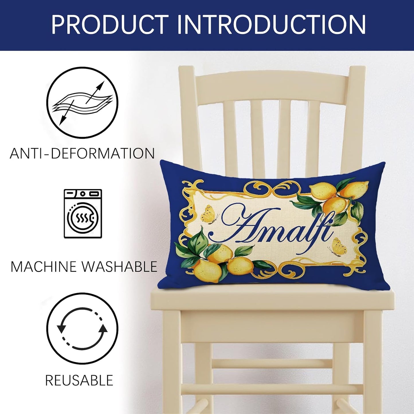 Italy Capri Blue Lemon Lumbar Decorative Throw Pillow Cover 12 x 20, Rectangular Italian Amalfi Coast Citrus Porch Outdoor Home Decor, Summer Mediterranean Sofa Couch Cushion Case