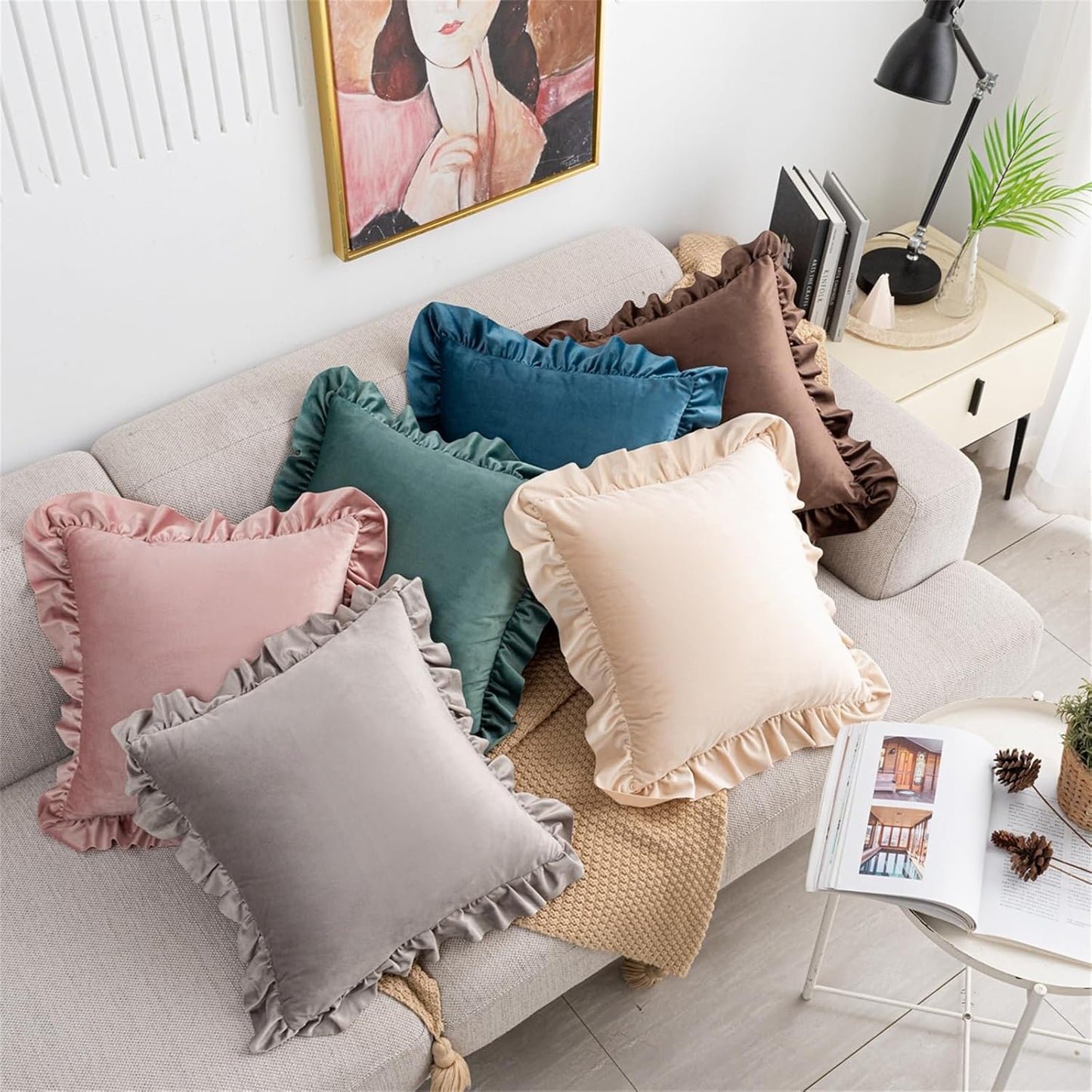 MOJUN Ruffled Throw Pillow Covers 18x18 Inch Set of 2, Velvet Farmhouse Decorative Pillowcases with Ruffles Square Cushion Pillow Covers for Sofa Couch Bed Living Room, Yellow
