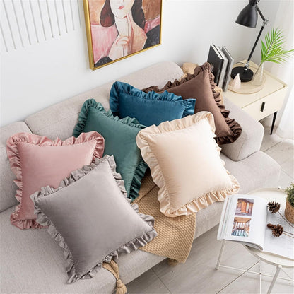 MOJUN Velvet Ruffled Throw Pillow Covers 18x18 Inch Set of 2, Soft Decorative Square Pillowcases with Ruffles Cushion Pillow Covers for Couch Sofa Bed Living Room Farmhouse, Yellow