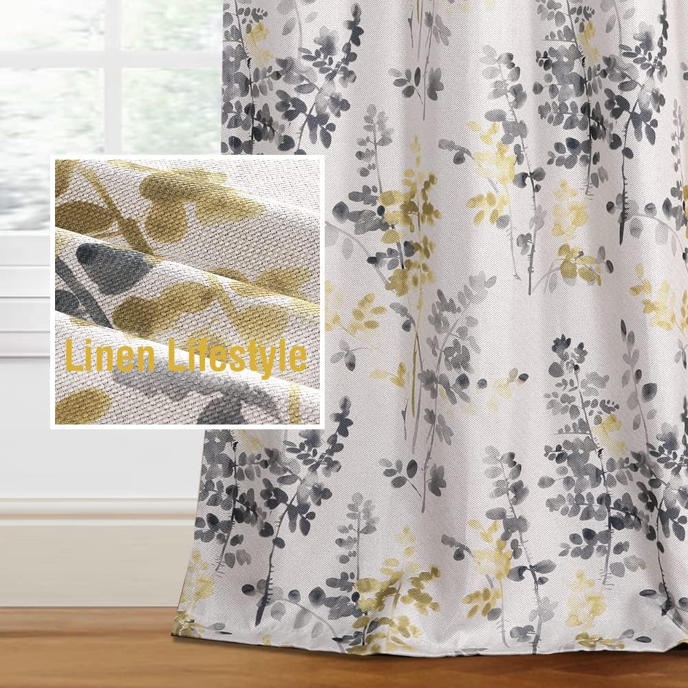 H.VERSAILTEX Linen Blackout Curtains 96 Inches Long Thermal Insulated Room Darkening Linen Curtains for Bedroom Textured Burlap Grommet Window Curtains for Living Room, 2 Panels, Grey and Yellow