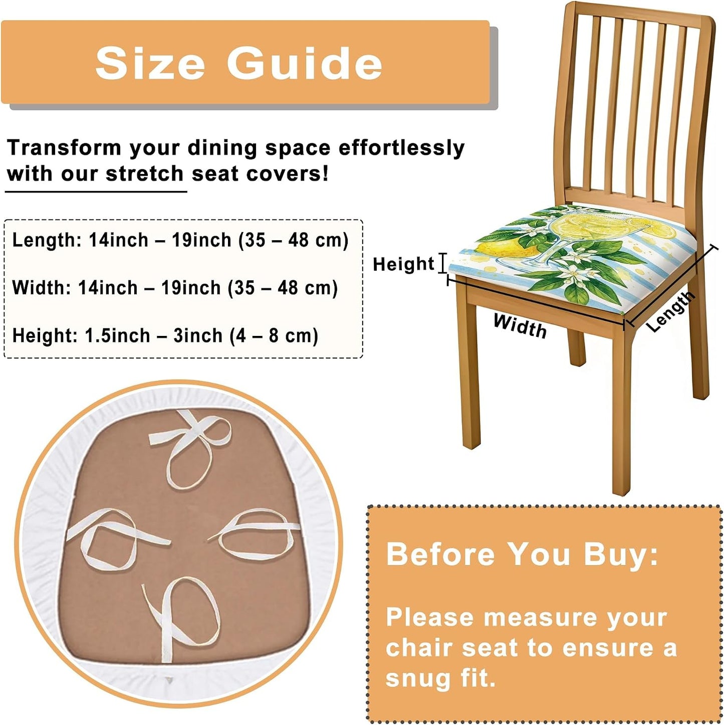 Lemon Seat Covers for Chairs, Summer Tropical Glass Leaves Summer Yellow Spandex Washable Stretch Breathable Chair Covers Decor for Dining Room Kitchen Banquet 4pcs