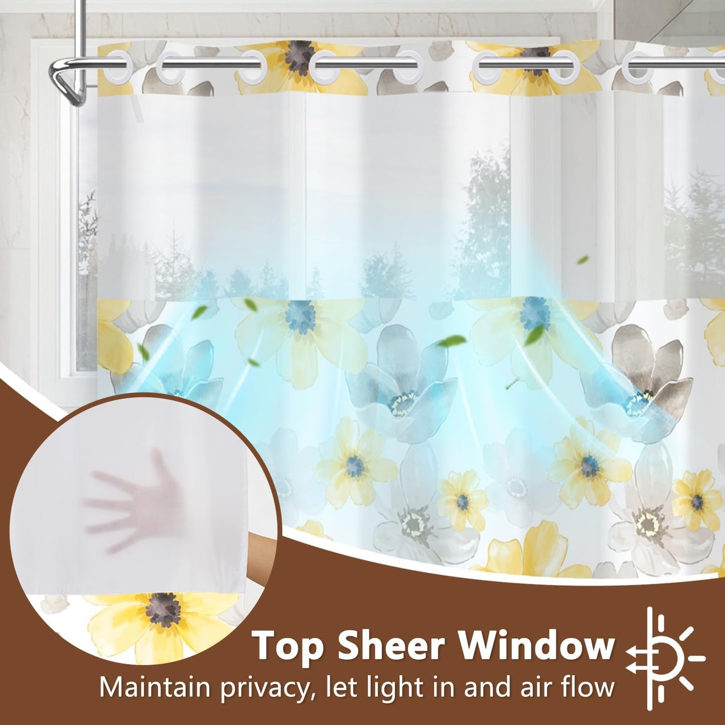 Yellow Gray Floral Shower Curtain with Snap in Liner, Waterproof Fabric No Hook Shower Curtain with See Through Window and Weighted Hem, Watercolor Flower Farmhouse Bathroom Curtains, 71x74 Inch