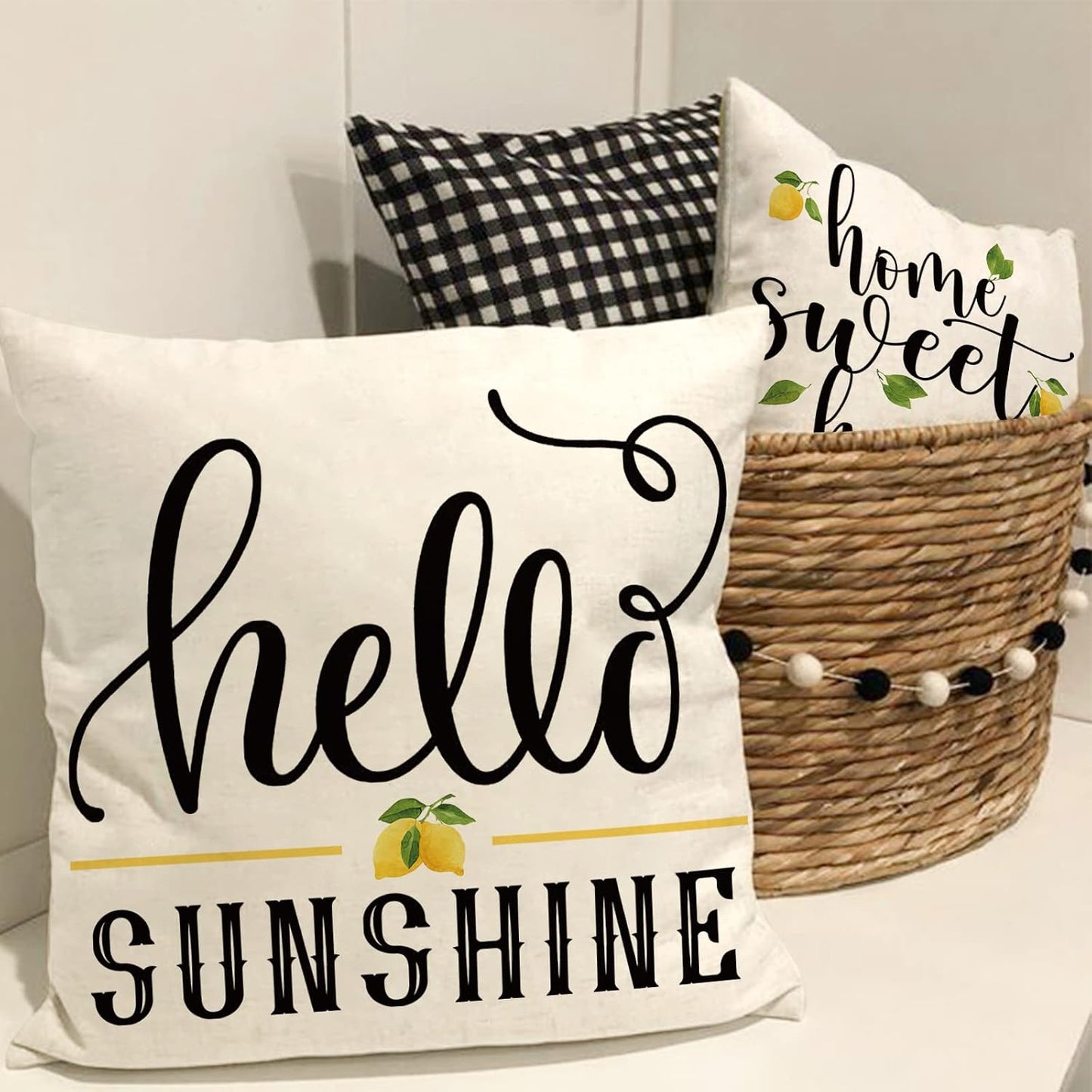 AnyDesign Lemon Pillow Covers 18 x 18 in Summer Farmhouse Throw Pillow Case Watercolor Buffalo Plaids Truck Hello Sunshine Cushion Cases for Home Sofa Couch, 4 Pack