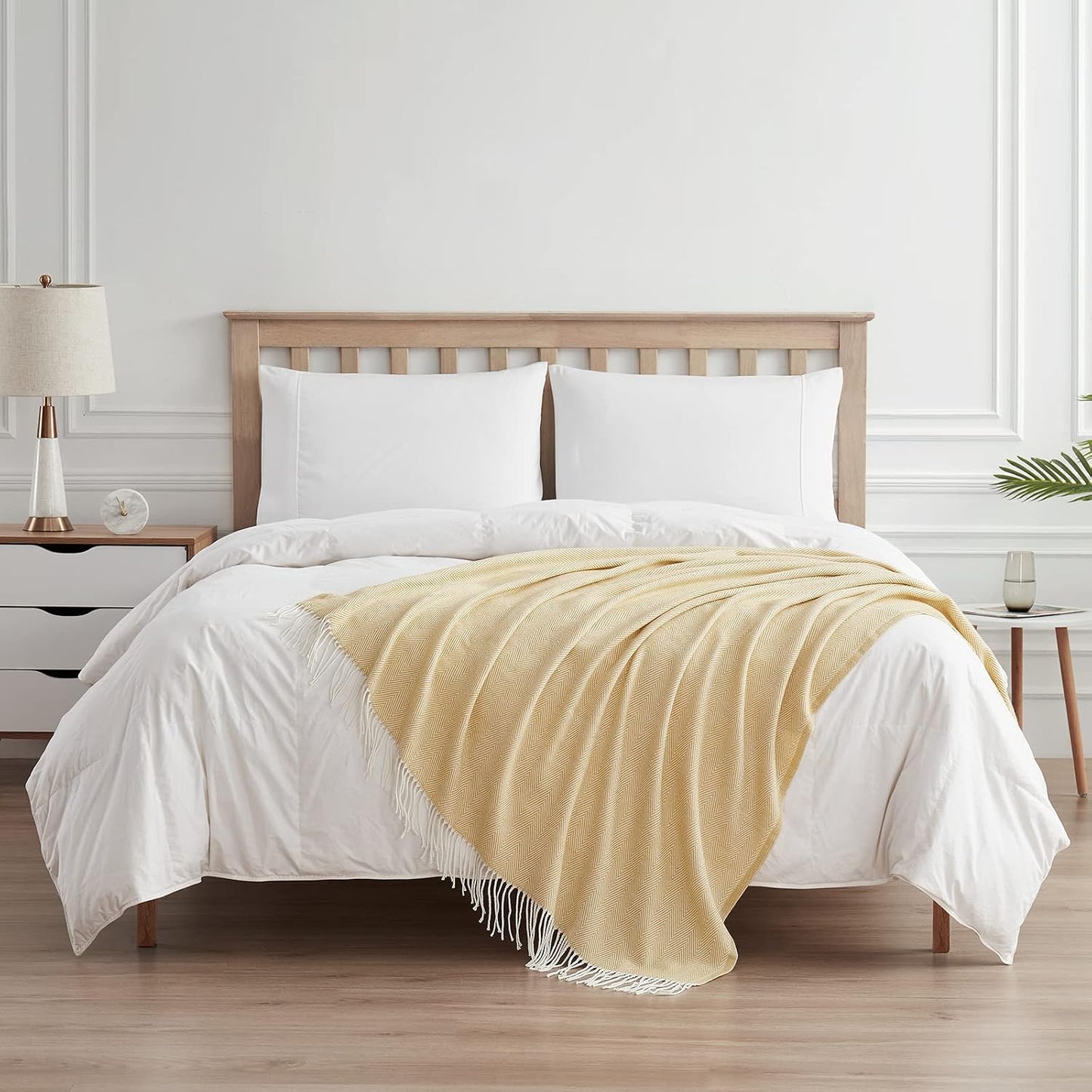 BOURINA Decorative Herringbone Faux Cashmere Fringe Throw Blanket Lightweight Soft Cozy for Bed or Sofa Farmhouse Outdoor Throw Blankets, 50" x 60", Light Yellow