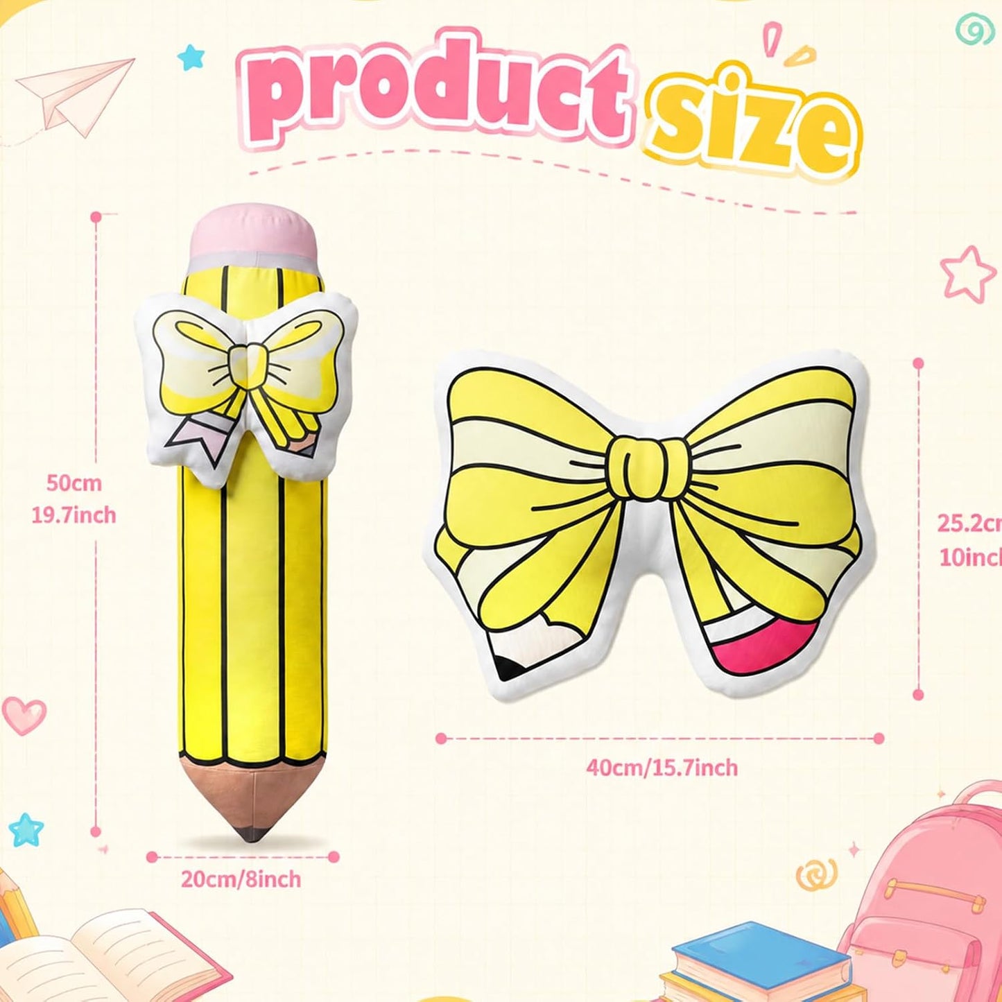 Peryiter 2 Pcs Cute Pencil Pillow Set 20 Inch Large Yellow Pencil Bow Throw Pillows Creative Plush Cushion for Reading Room Office Home Sofa Decoration Birthday Party Women Teacher Gift