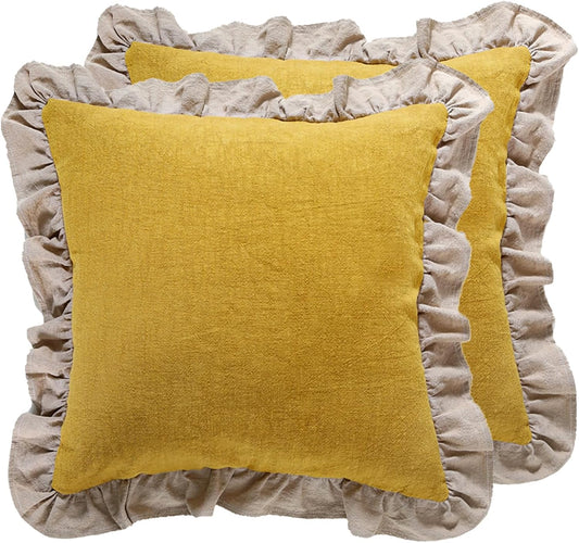 patdrea Vintage Yellow Linen Throw Pillow Covers,Set of 2,18"x18"-Kubum | Decorative Pillow Cover for Couch Living Room Bedroom Sofa,Rustic Farmhouse Design,Solid Pillow Case with Ruffled
