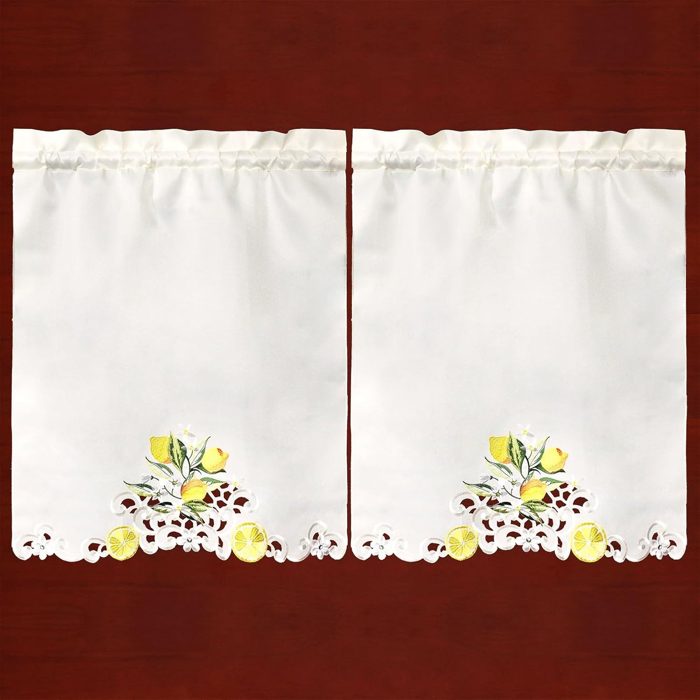 Embroidered Lemon Kitchen Window Curtain Swag and Tiers Set for Spring and Summer (Lemon)