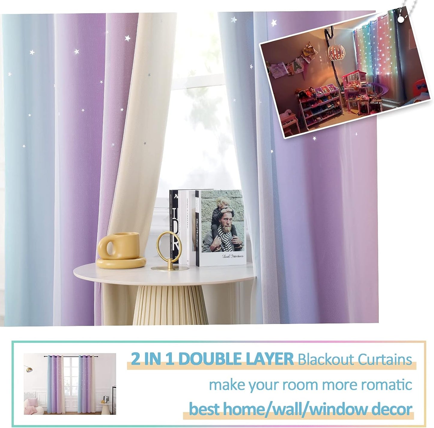 Anjee Curtains for Girls 2 in 1 Double Layer Cutout Star Light Blocking Ombre Grommets Top Drape with Lace Sheer Voile Gauze for Living Room Kids Bedroom 2 Panels 52 x 95 inch, Blue Purple Yellow