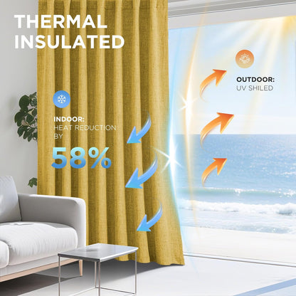 Joydeco Linen Blackout Curtains for Bedroom - 100% Light Blocking 1 Panels, Yellow Drapes 100" W x 90" L, Thermal Insulated Room Darkening Curtains for Living Room, Rod Pocket & Back Tabs