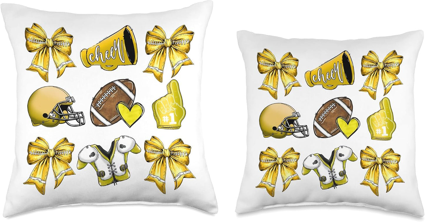 Yellow Football Mom Coquette Bows Game Day Football Mama Throw Pillow