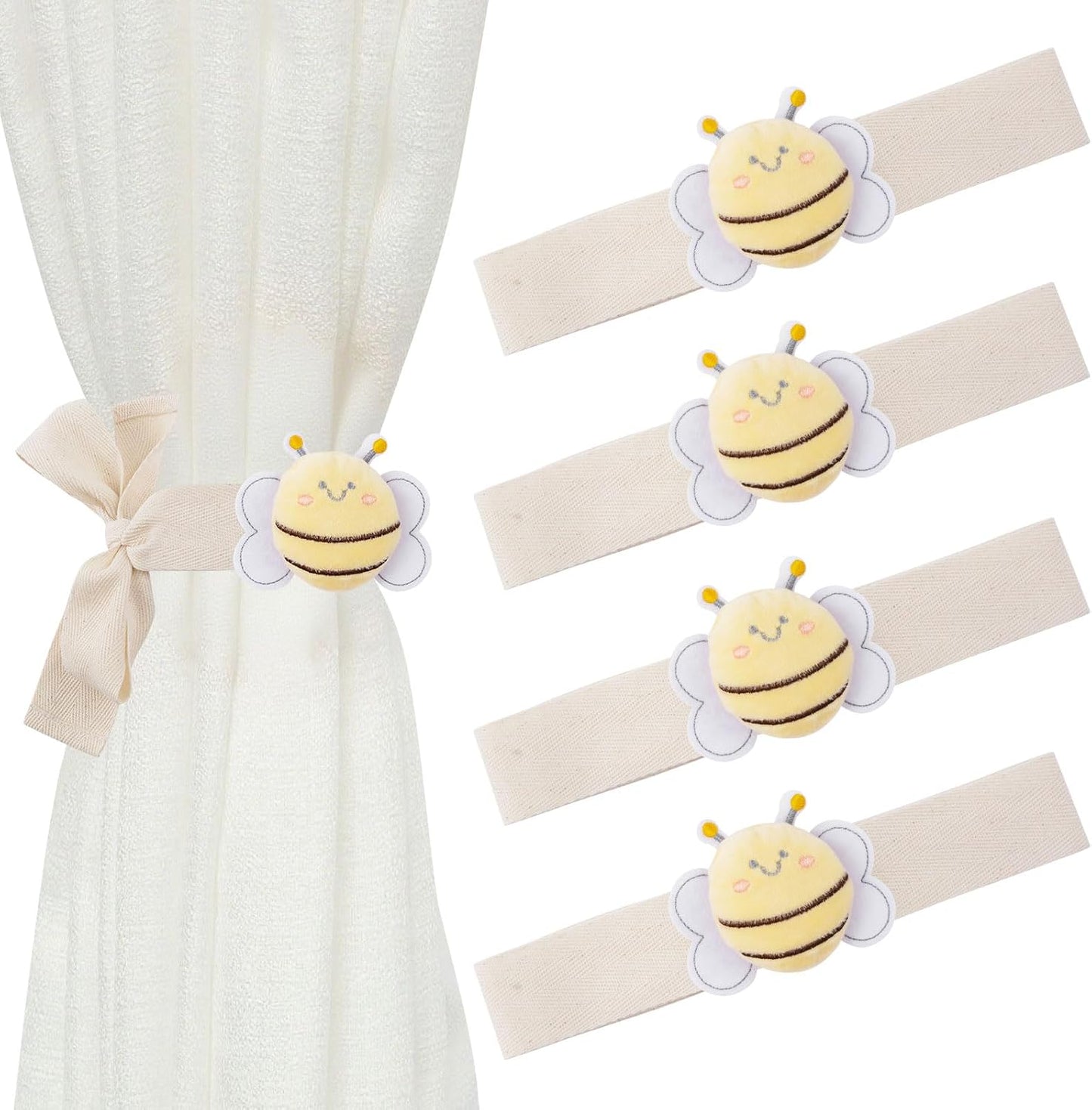 Cute Cartoon Animal Curtain Tiebacks, 4Pcs Drape Rope Holdbacks with Embroidered Bee Decor Cotton Curtain Ties for Baby Kid Room (Little Bee)