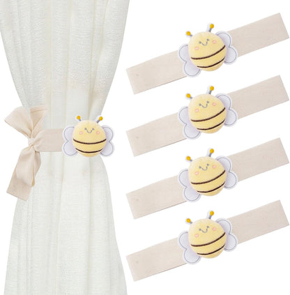 Cute Cartoon Animal Curtain Tiebacks, 4Pcs Drape Rope Holdbacks with Embroidered Bee Decor Cotton Curtain Ties for Baby Kid Room (Little Bee)