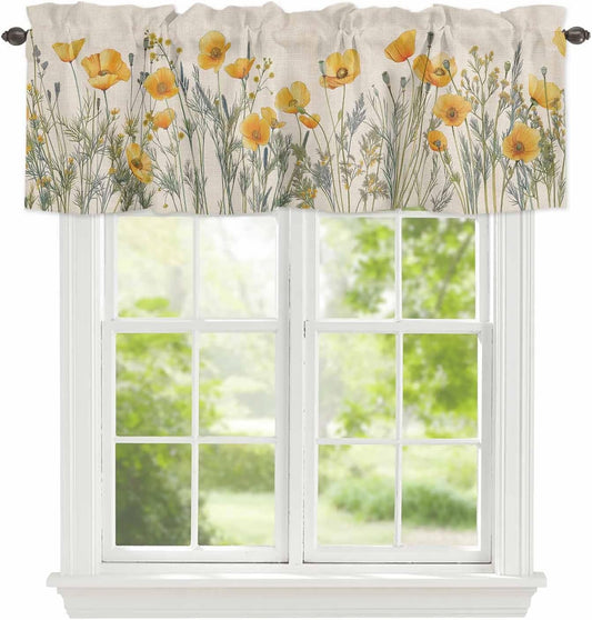 Minimalism Yellow Floral Valances for Windows, Watercolor Plants Linen Background Kitchen Valance Light Filtering Rod Pocket Short Curtains for Kitchen Bathroom, 1 Panel, 42"x18"