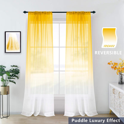 KOUFALL Spring Yellow Sheer Curtains 84 Inches Long, Bright Yellow and White Summer Curtains for Living Room, 2 Panel Set, Lemon Yellow