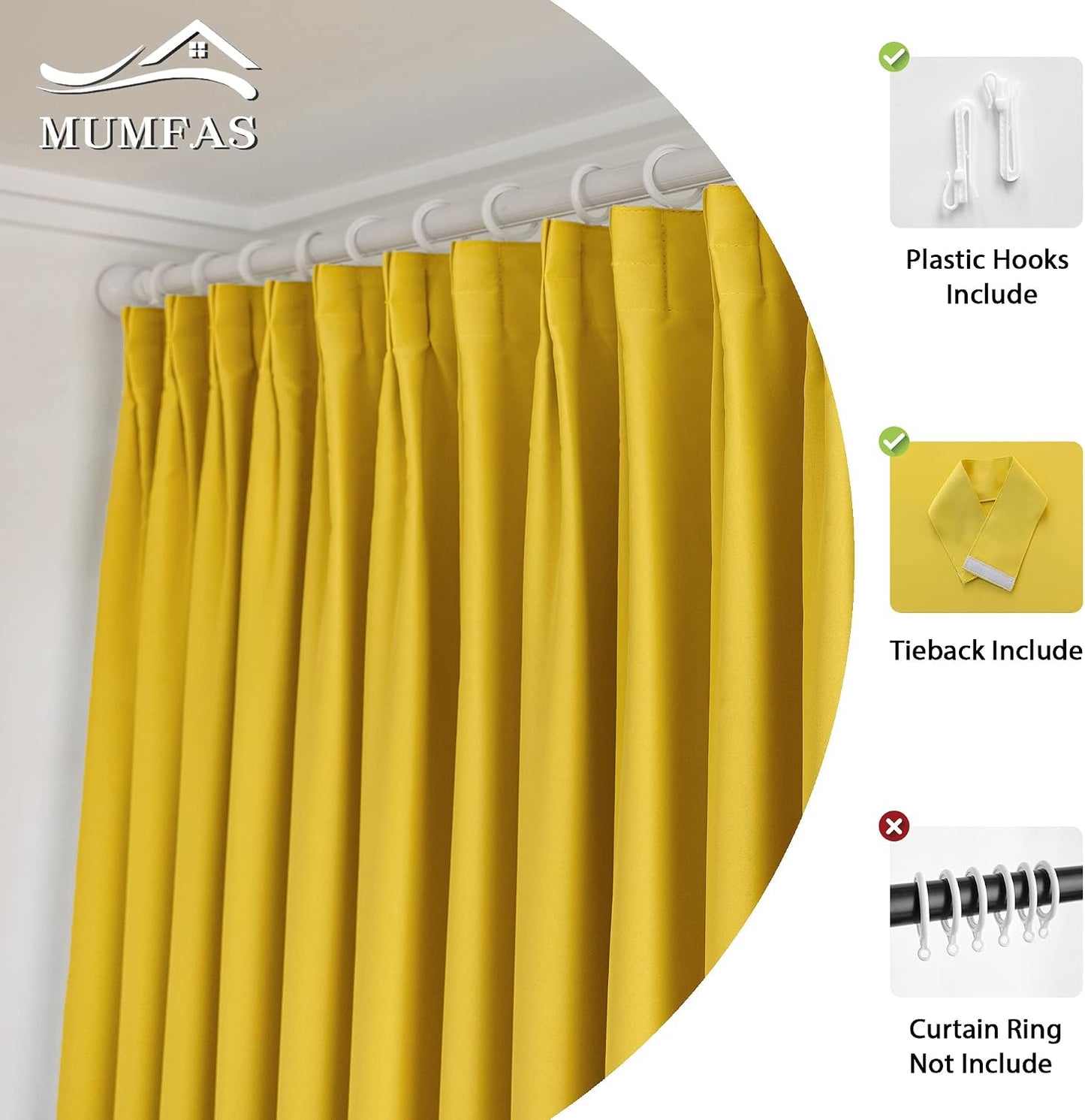 MUMFAS Yellow Pinch Pleat Curtain 72" W x 84" L Solid Thermal Insulated 90% Blackout Patio Door Curtain Panel Drape for Traverse Rod and Track with Tieback, (One Panel)