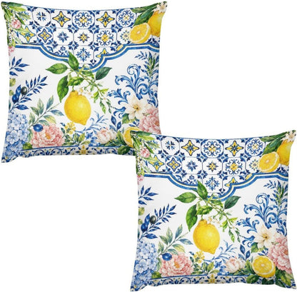 Throw Pillow Covers 18 "x18 Set of 2 - Summer Lemons Blue TilesDecorative Linen Pillow Covers Cushion Cases for Farmhouse Sofa Couch Outdoor Home Decorations