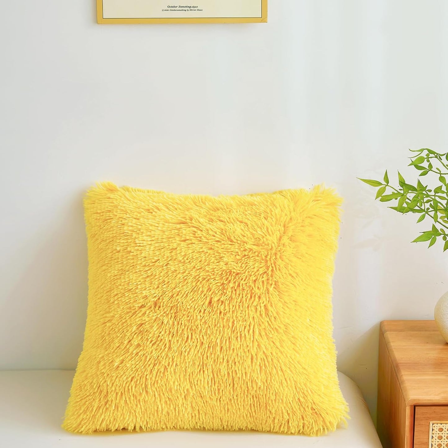 Fluffy Throw Pillow Covers Yellow 18"x18" Faux Fur Furry Cushion Covers Shaggy Plush Fuzzy Pillow Cases Decorative Pillow Shams with Zipper Set of 2 for Sofa Living Room Bedroom Interior