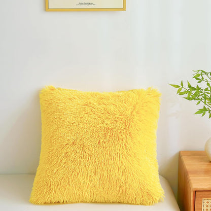 Fluffy Throw Pillow Covers Yellow 18"x18" Faux Fur Furry Cushion Covers Shaggy Plush Fuzzy Pillow Cases Decorative Pillow Shams with Zipper Set of 2 for Sofa Living Room Bedroom Interior