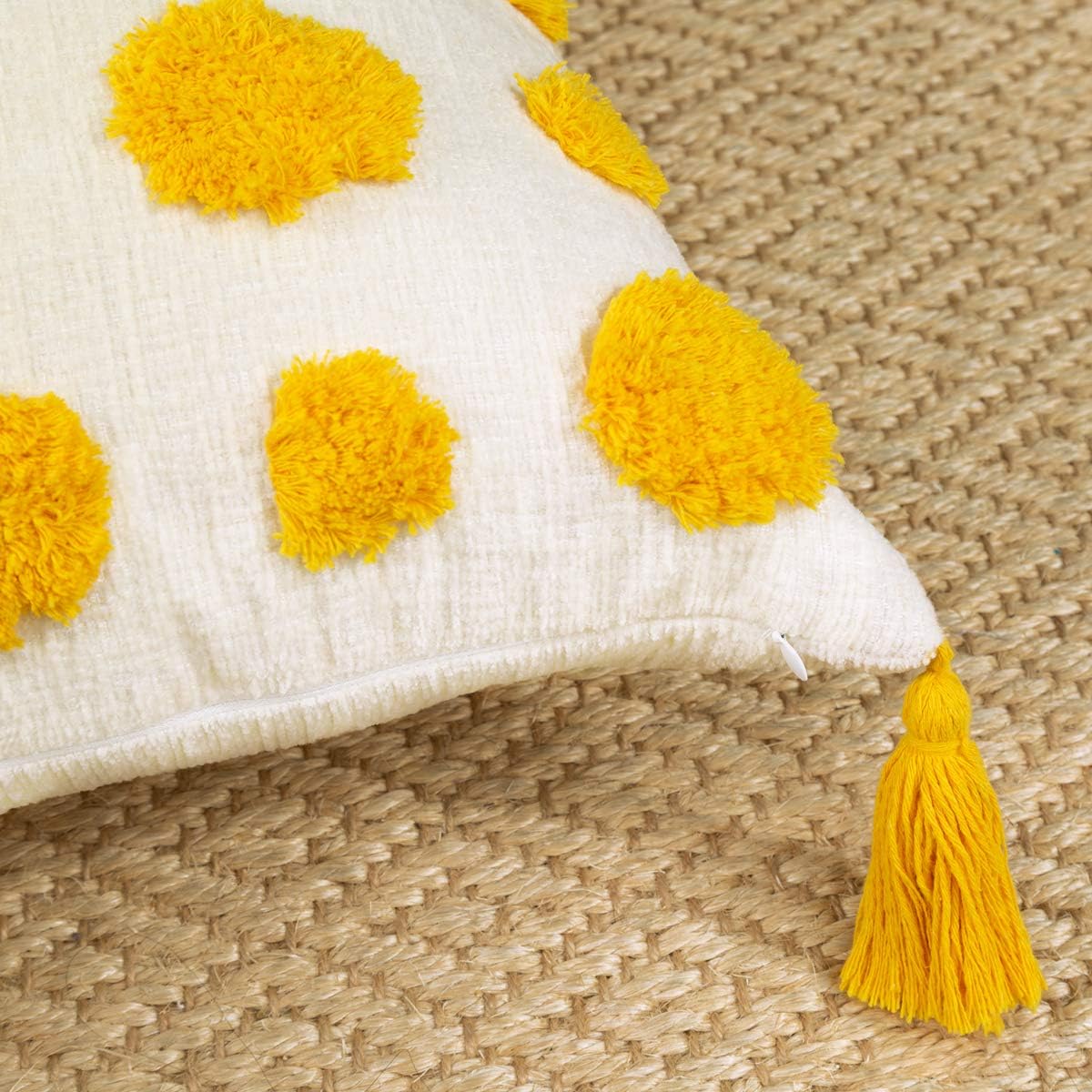 PLWORLD Boho Yellow Lumbar Throw Pillow Cover 12x20 Inch with Tassels, Pom Pom Tufted Cream Chenille Fabric Small Accent Textured Cushion Case for Bed Couch, 1 PC Cover Only No Insert