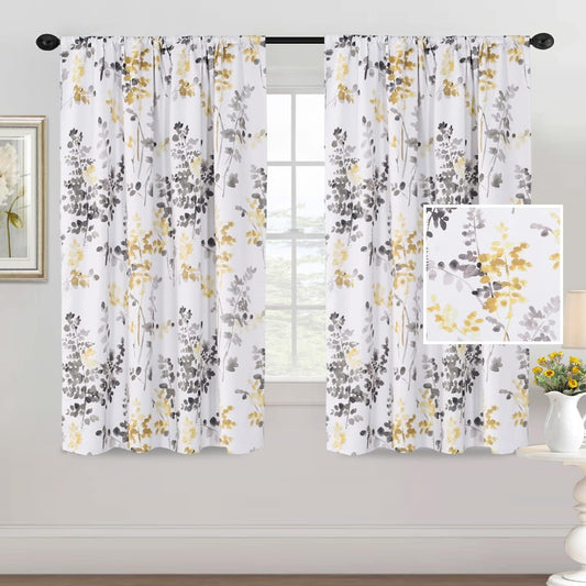H.VERSAILTEX Floral Curtains 63 Inches Long Printed Pattern Room Darkening Curtains for Bedroom Rod Pocket Window Treatment Curtains, 2 Panels, Classical Floral Grey and Yellow