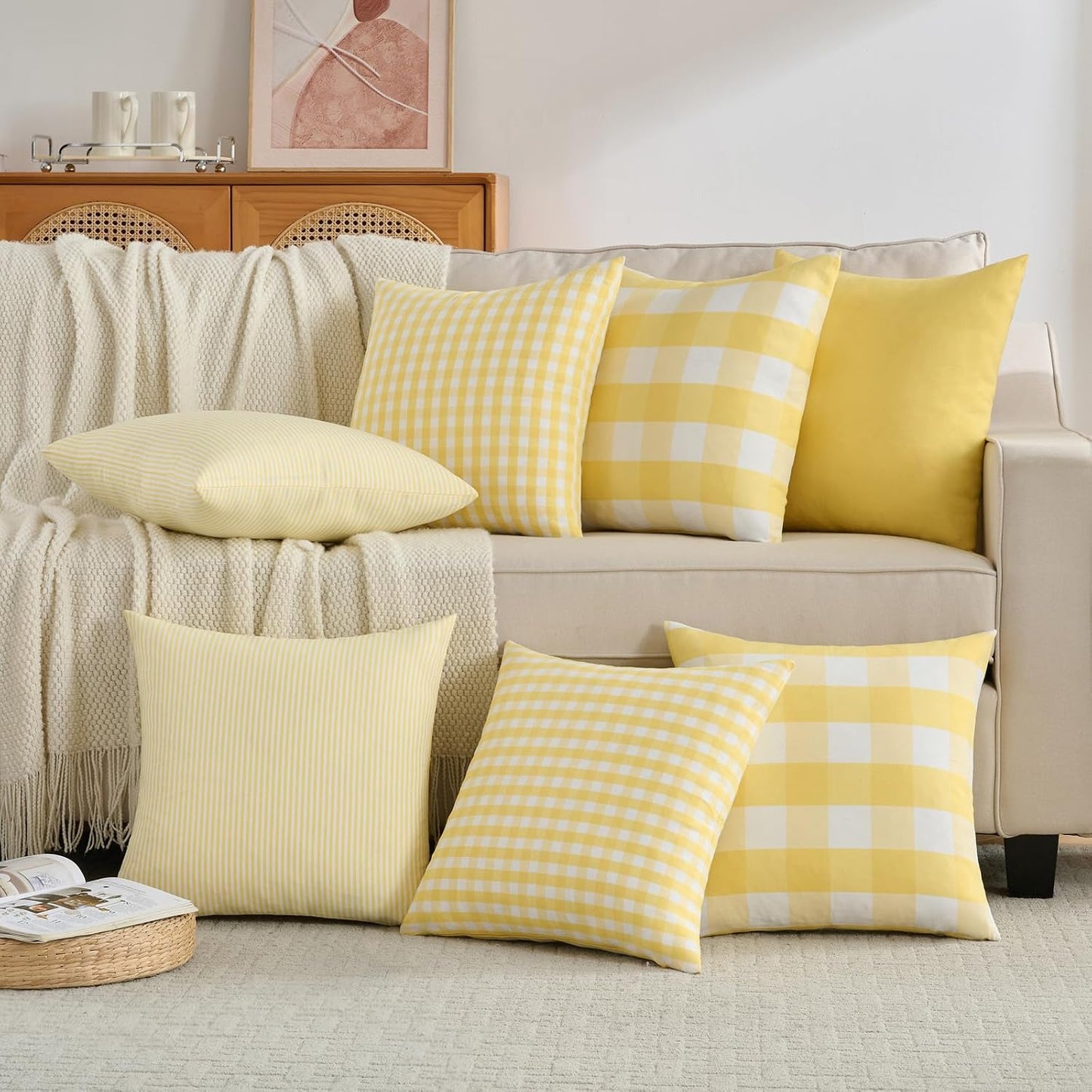 Yellow Striped Summer Outdoor Throw Pillow Covers 18x18 Set of 2, 18 x 18 Yellow and White Outdoor Throw Pillows, Modern Farmhouse Boho Decor Pillow Covers for Porch Patio (No Pillow Inserts)