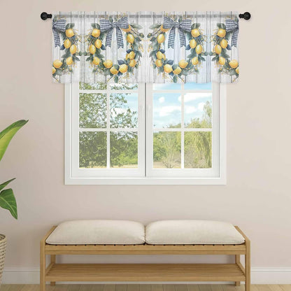 Farmhouse Style Sheer Curtain 18 Inch Long Lemon Garland Bow Wood Grain Light Filtering Rod Pocket Voile Curtain Valance for Bedroom Kitchen Cafe Window 54" W x 18" L