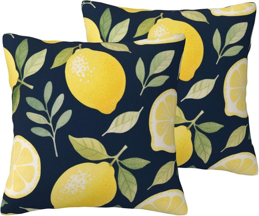 Yellow Lemon Throw Pillow Covers 18x18 Set of 2 Watercolor Fruit Leaves Decorative Pillows Cases Spring Summer Farmhouse Square Cushion Covers Navy Pillowcase for Couch Bed Sofa Living Room