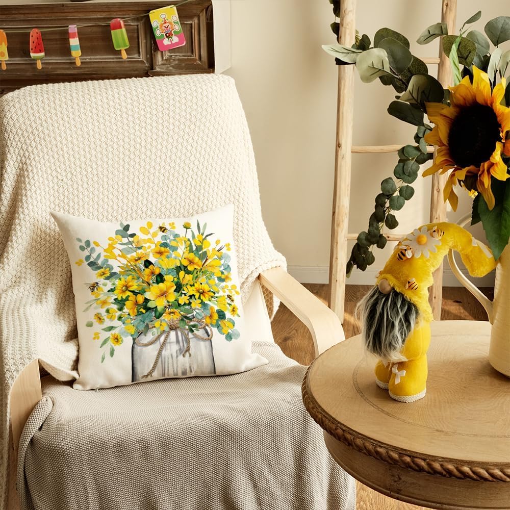 AACORS Spring Pillow Cover 18x18 Inch Eucalyptus Flowers Decor Vase Bee Farmhouse Summer Pillow Case Decorations for Home Sofa Couch AA509-18