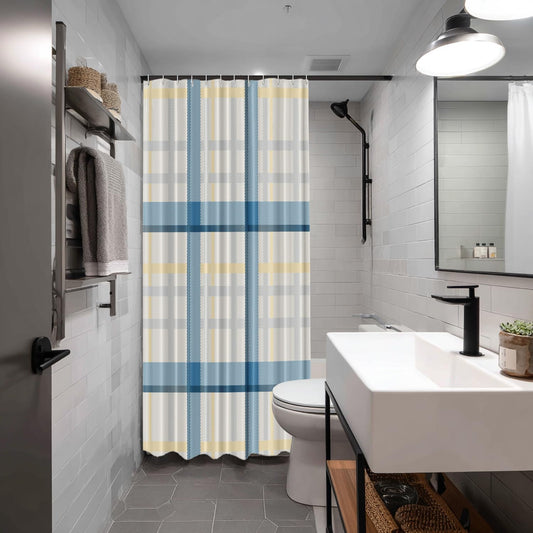 Batmerry Plaid Blue Decor Shower Curtain, Yellow Gingham Check Plaid Pattern Bathroom Decor Polyester Fiber Plastic Rings Quick-Drying Waterproof for Bathtubs/Bathroom, 72X72 Inches