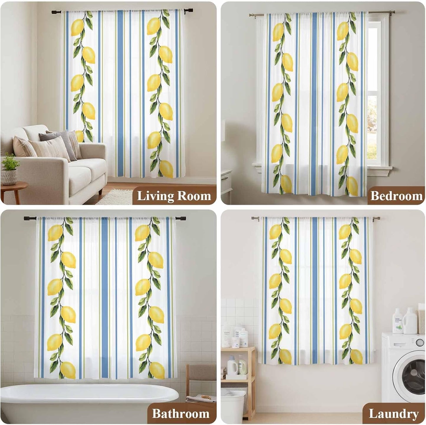 Lemon Striped Sheer Curtains 72 Inch Length Yellow Fruit Blue White Geometric Chiffon Curtain for Bedroom Living Room Light Filtering Rod Pocket Window Treatments Voile Curtains Drapes for Dining