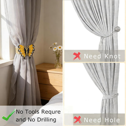Butterfly Curtain Tiebacks 2 Pack Yellow Enamel & Rhinestone Insect Curtain Holdbacks,No Drill Curtain Ties Auto-Closing,Boho Curtain Tie Backs for Farmhouse Kitchen Living Room Bedroom Decor