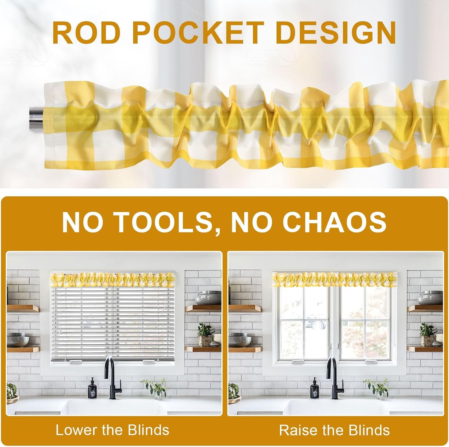 XWZO Sleeve Topper with Top Bottom Ruffle Sleeves Valances Home Décor Window Treatment Bedroom Nursery Kitchen Window Curtain Header, 58" x 5",1 Piece, Checkered-Yellow & White