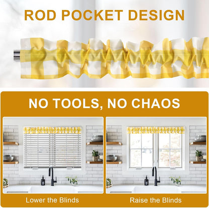 XWZO Sleeve Topper with Top Bottom Ruffle Sleeves Valances Home Décor Window Treatment Bedroom Nursery Kitchen Window Curtain Header, 58" x 5",1 Piece, Checkered-Yellow & White