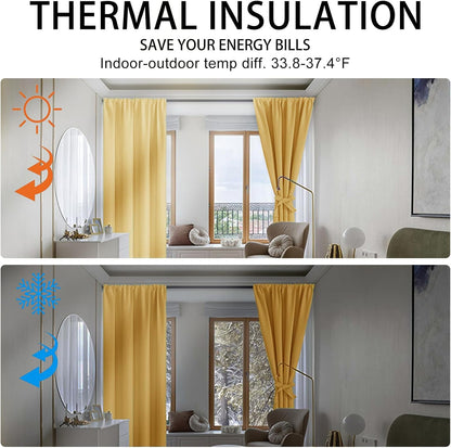 JIUZHEN Blackout Curtains – Thermal Insulated,Noise Reducing Room Darkening Soundproof Drapes for Living Room,Bedroom, Set of 2 Panels with Tiebacks, 42 x 63 inch Long, Light Yellow