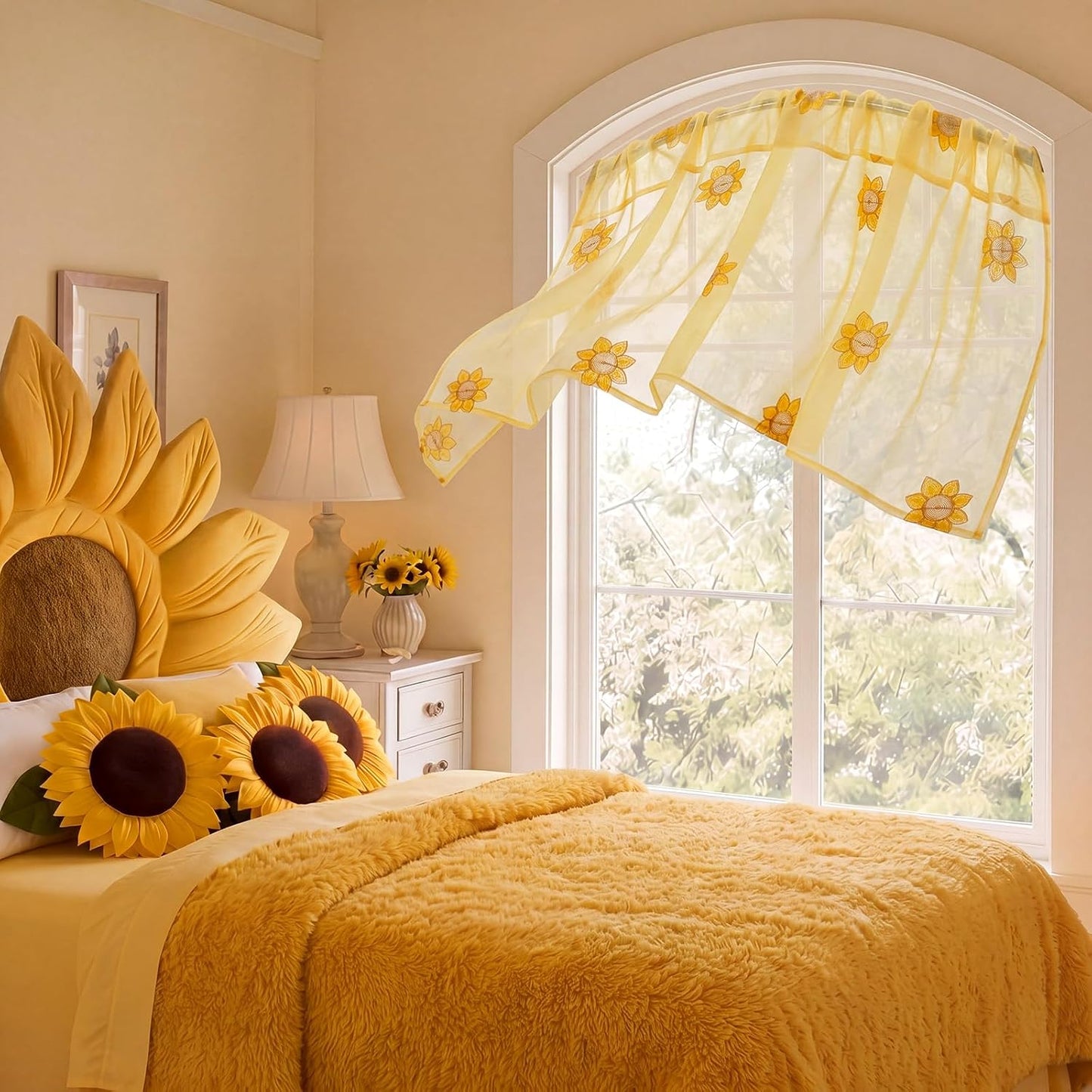 Tegeme 1 Panel Yellow Sunflowers Sheer Valances for Windows 52 x 18 Inch Embroidered Decorative Valances Curtain for Small Window Kitchen Bathroom Living Room Rod Pocket Voile Curtain Decor