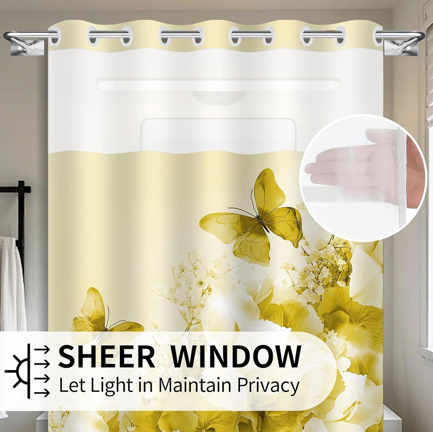 No Hook Yellow Shower Curtain with Snap in Fabric Liner Set,Nature Double Layers Waterproof Fabric,Flowers and Butterfly Shower Curtains for Bathroom Clearance 71x74