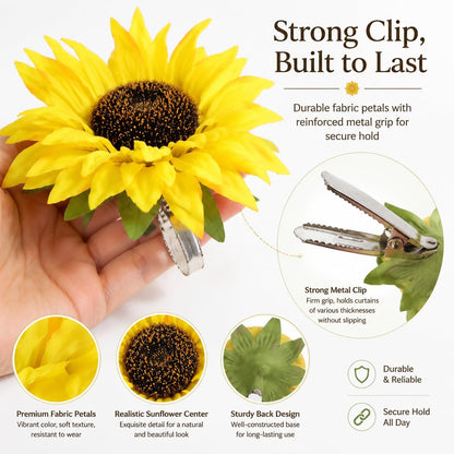 2Pcs Sunflower Curtain Tiebacks Yellow Floral Decor for Farmhouse Bedroom Window Treatments Decorative Drapery Tie Up Hooks No Drill Holders for Boho Curtains