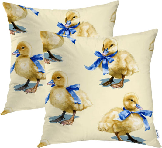 Batmerry Ducklings Blue Ribbon Yellow Throw Pillow Covers, Cute with Bows Decorative Pillow Covers Digital Printing Blended for Couch Sofa Bed Invisible Zipper 20X20 in(Set of 2)