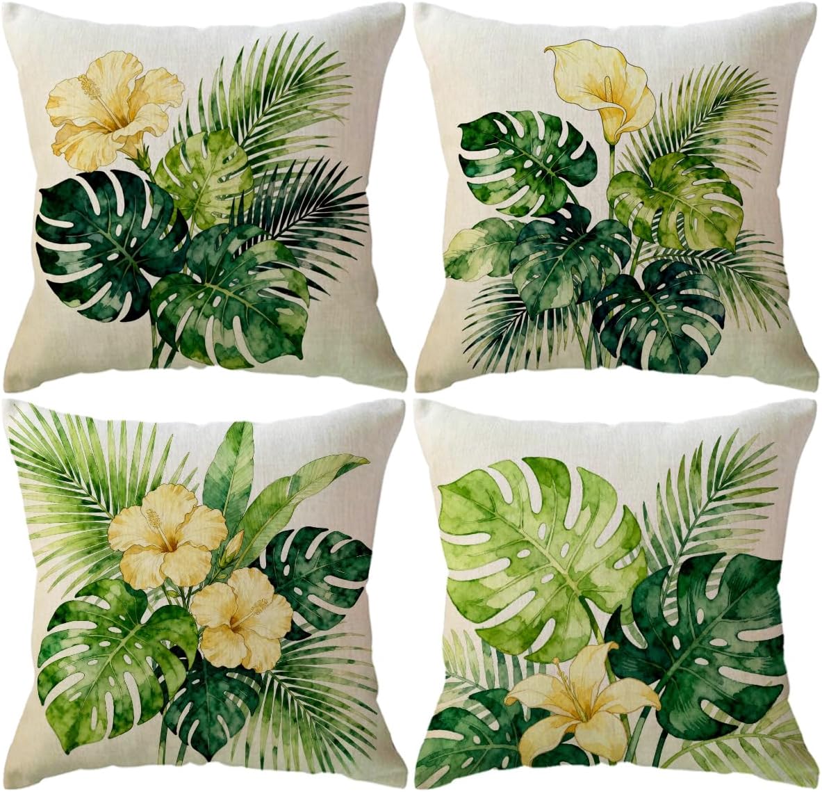 ULOVE LOVE YOURSELF Tropical Greenery Throw Pillow Covers 4Pack, Monstera Palm Floral Farmhouse Summer Decorative Pillowcases 18×18,Boho Botanical Cushion Covers for Porch Patio Decor(Green/Yellow)