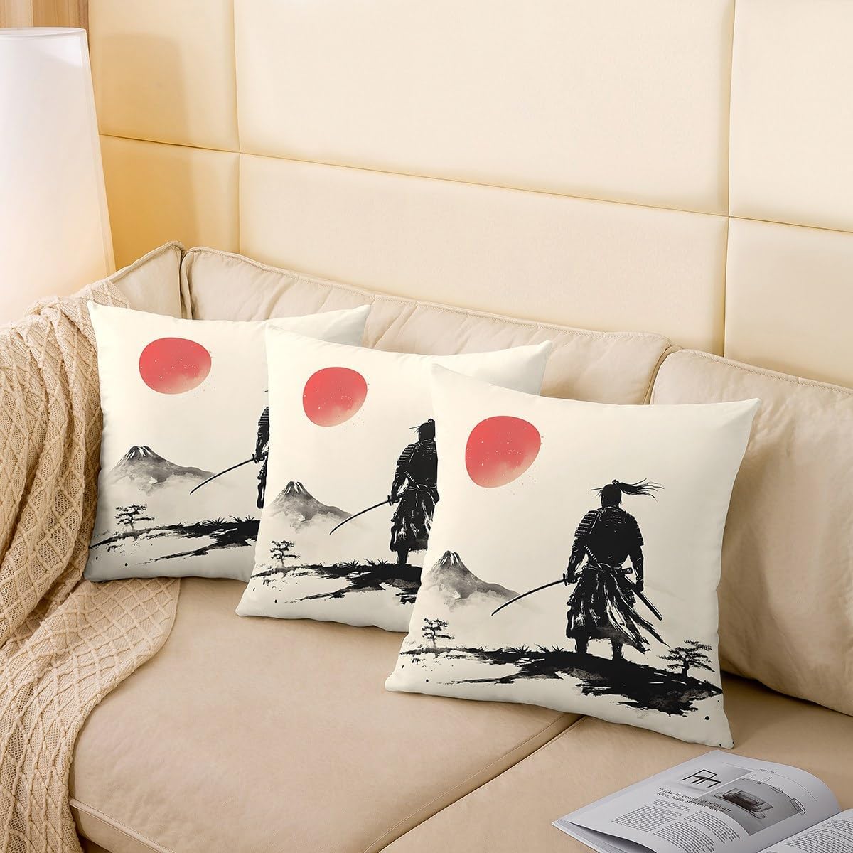jejeloiu Samurai Throw Pillow Covers 22"x22" Set of 2 Fuji Mountain Pattern Cushion Cover for Sofa Sunset Nature Pattern Decorative Pillow Case Pillowcase Japanese-Style Outdoor Pillows Covers