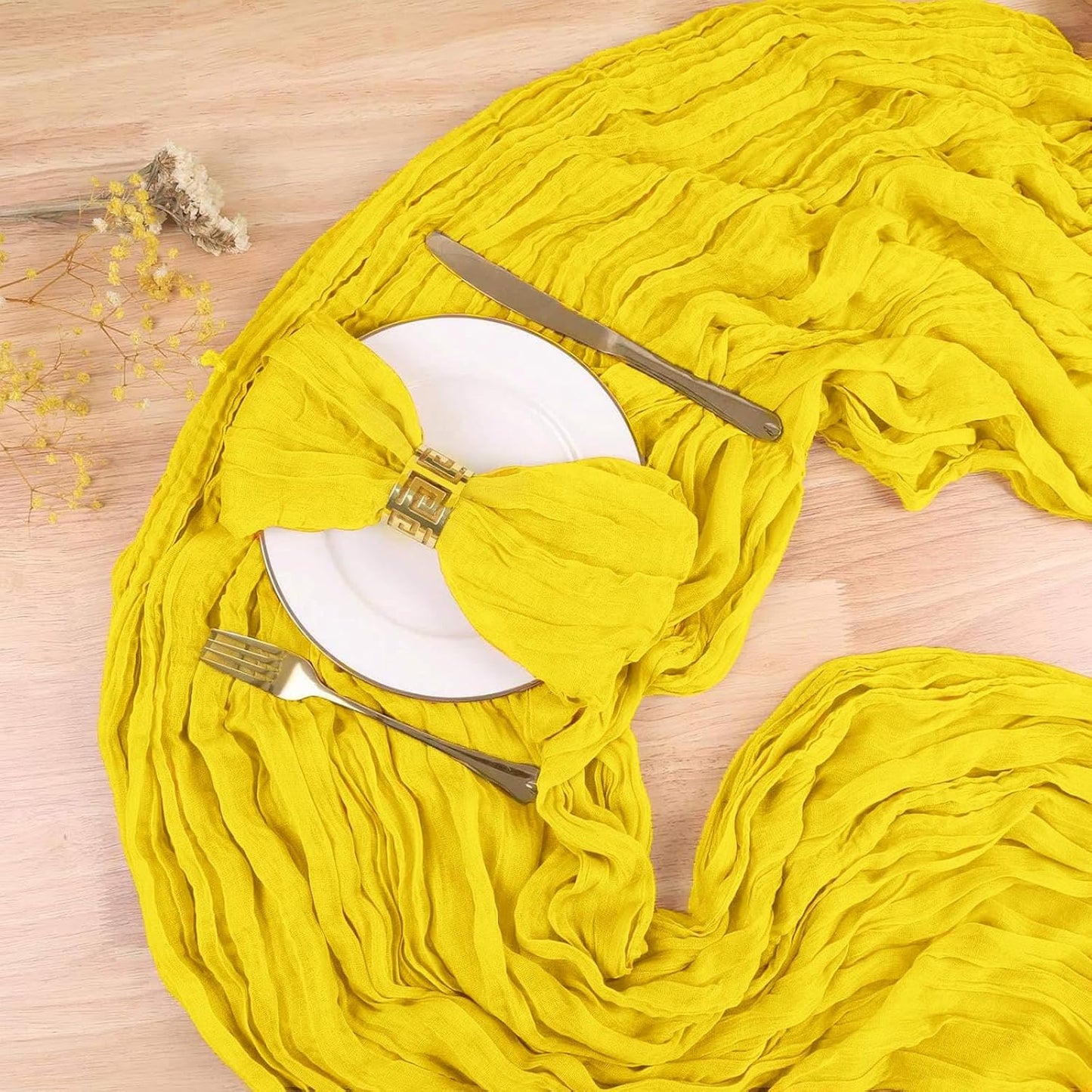 13.3FT Light Yellow Cheesecloth Table Runner Transparent Boho Table Runner Rustic Gauze Wedding Dining Table Decorations for Holiday Birthday Party Event Decorations