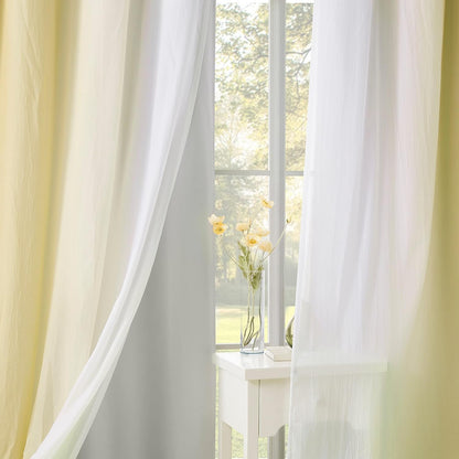 Yellow Blackout Curtains with Ombre Sheers Overlay 84 Inch Long for Living Room Bedroom Decor, Mix and Match Double Layer 90% Blackout Window Drapes for Girls Room, Grommet Top, 52"W, 4 Panels