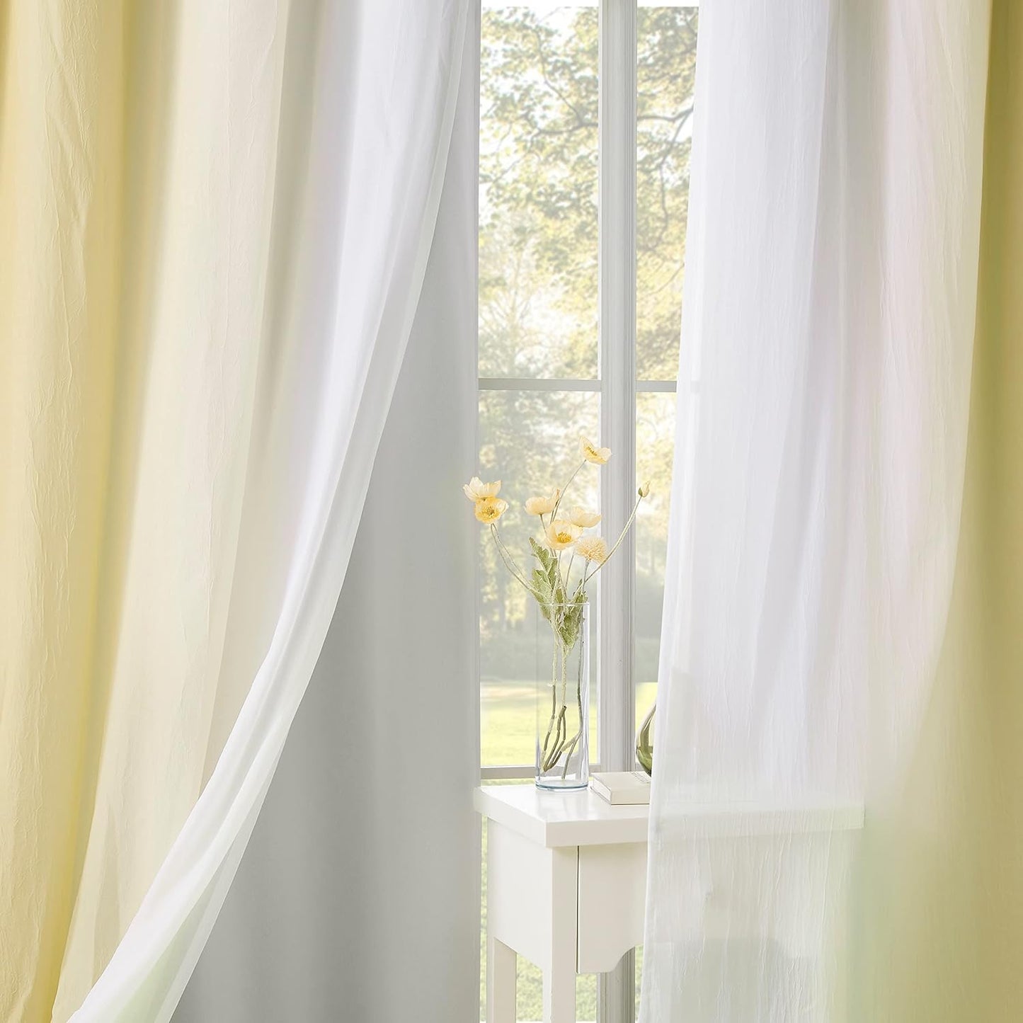 White Blackout Window Curtains for Kids Room 95 Inch Length Mix & Match Double Layers Grommet Curtain Panels Yellow Ombre Sheers Overlay 90% Room Darkening Thermal Drapes for Patio, 52" w 4 Pieces