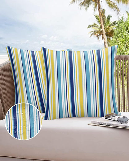 Blue Yellow Striped Outdoor Waterproof Pillow Covers, Farmhouse Navy Blue Ombre Stripes Decorative Square Throw Pillowcase Sofa Cushion Sham for Patio/Couch/Chair, 18"x18" 2 Pack