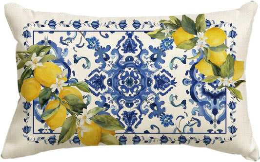 AVOIN colorlife Summer Lemon Throw Pillow Cover, 12 x 20 Inch Blue and White Porcelain Style Cushion Case Decoration for Sofa Couch