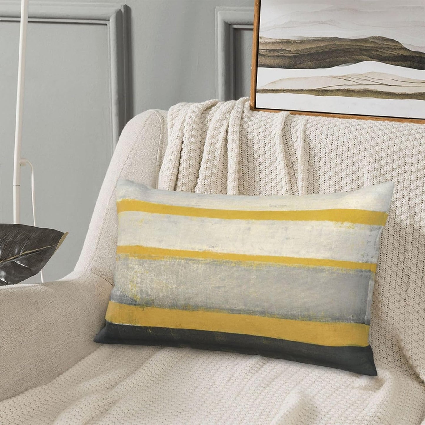 Yellow Grey Throw Pillow Covers Beige Abstract Art Lumbar Pillow Cover 12x20 Inch Set of 2 Painting Striped Pillowcase Decorative Cushion Cases for Couch Sofa