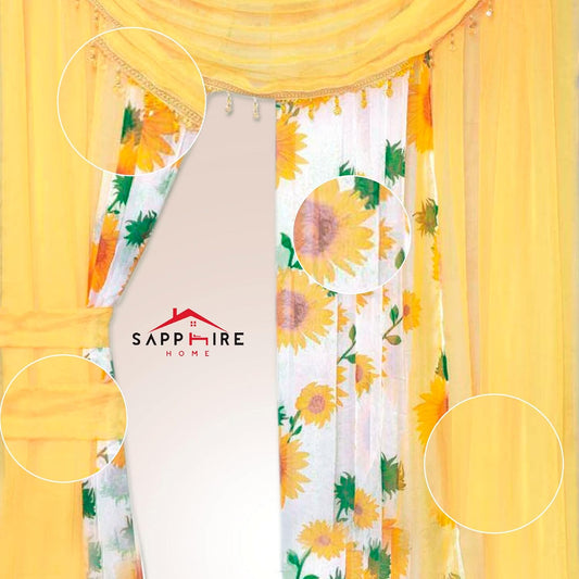 Sapphire Home Sheer Curtains - Two Tone 4 Panels Set w/Valance & Tiebacks, 55"x84", Lightweight Light-Filtering Window Curtain for Living Room, Bedroom, Kitchen, Dining Room - Sunflower/Yellow