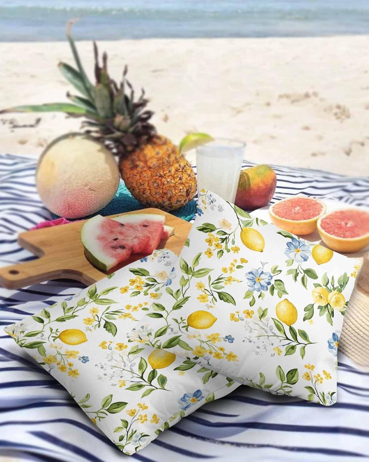 Lemon Outdoor Waterproof Pillow Covers Pack of 2, Summer Yellow Fruit Blue Flowers Leaves Farmhouse Decorative Throw Pillowcases Polyester Cushion Covers for Garden Patio Tent Sofa Couch, 16x16 inch
