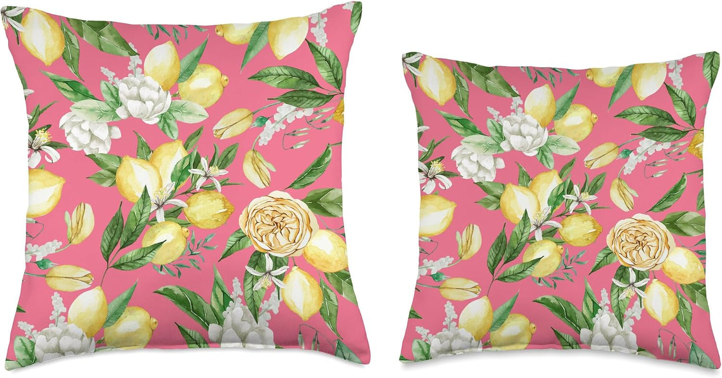 Summer by Vine Mercantile Bright Pink-Amalfi Lemon Blossom Watercolor Citrus Pattern Throw Pillow, 18x18, Multicolor